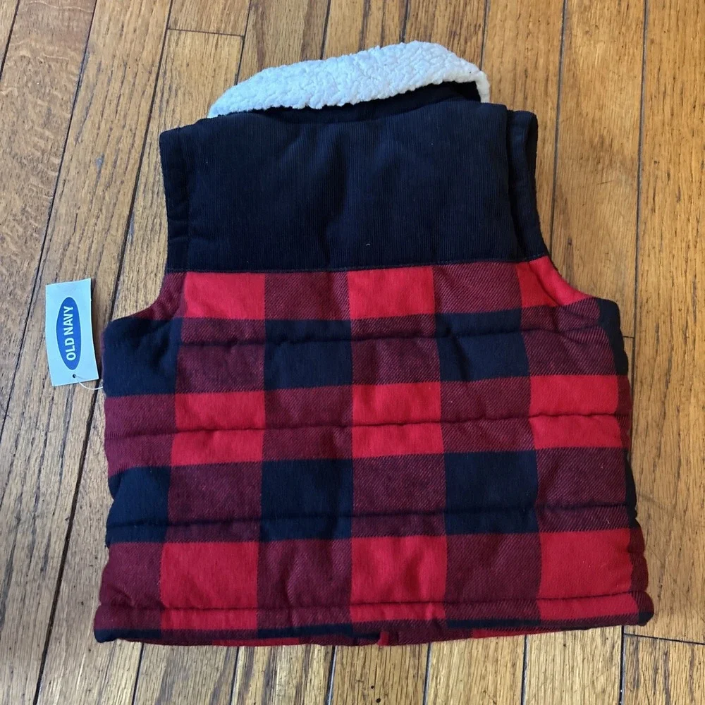 Old Navy Red Plaid Vest‎ Fleece Lines Sherpa Collar 3M-6M NWT
